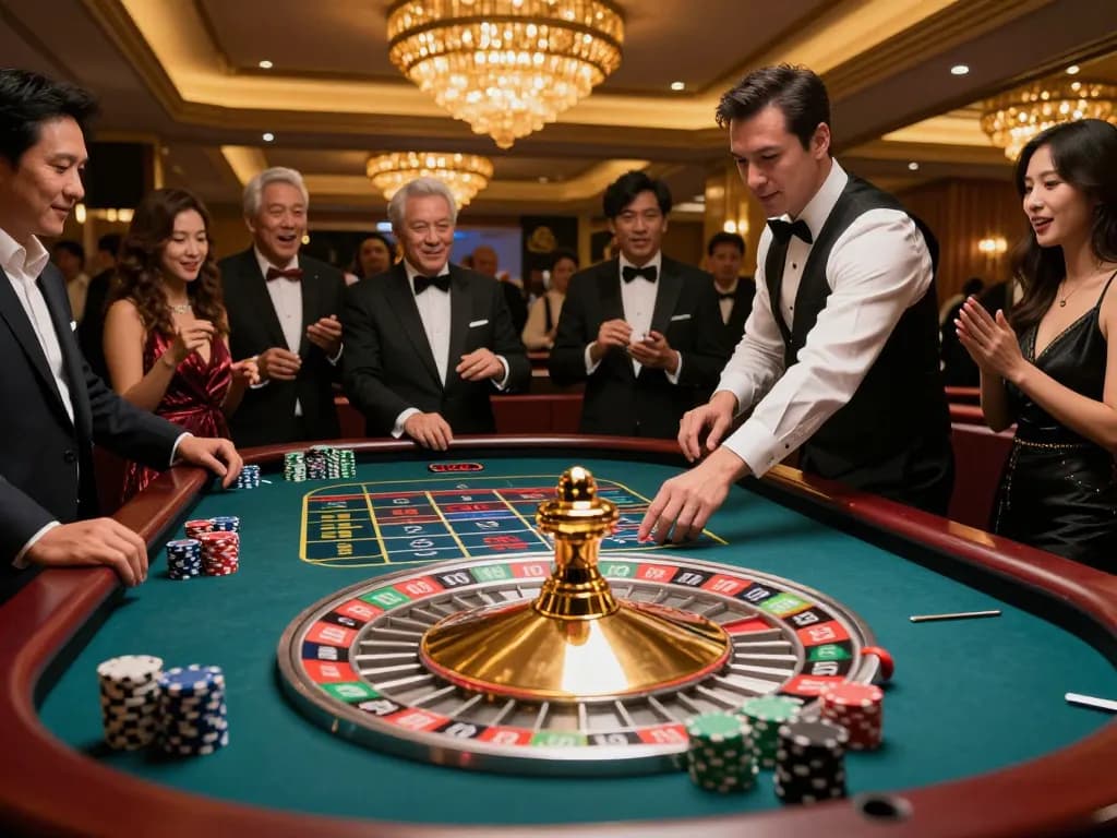 58win players celebrating a win at roulette in a luxurious casino setting filled with excitement.