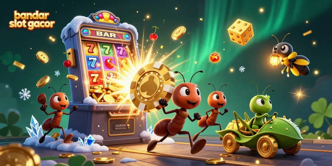 Geng semut membawa chip poker keemasan di dunia bandar slot gacor yang megah.