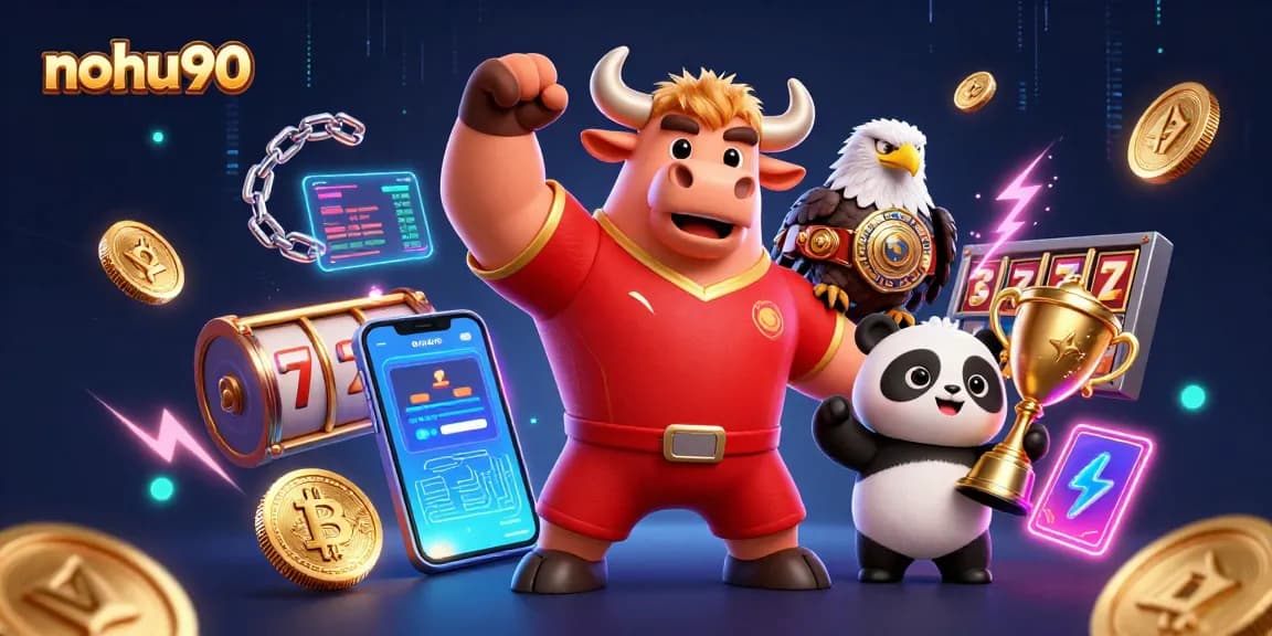 Nohu90 showcases thrilling casino action, featuring a lively cartoon bull and eagle with gaming symbols.