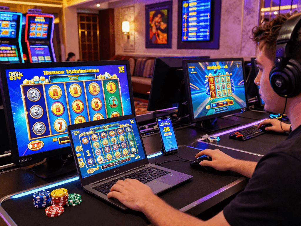 Player engaging with bonus buy slots UK on a colorful laptop setup, surrounded by casino tokens and dynamic animations.