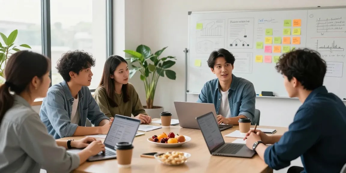 Team discussing business strategies at https://www.startsomethingpc.com with vibrant co-working environment and brainstorming materials.