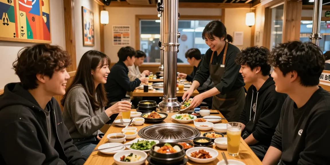 Gathering at 상봉동 한국관나이트 with friends enjoying Korean delicacies in a warm, inviting atmosphere