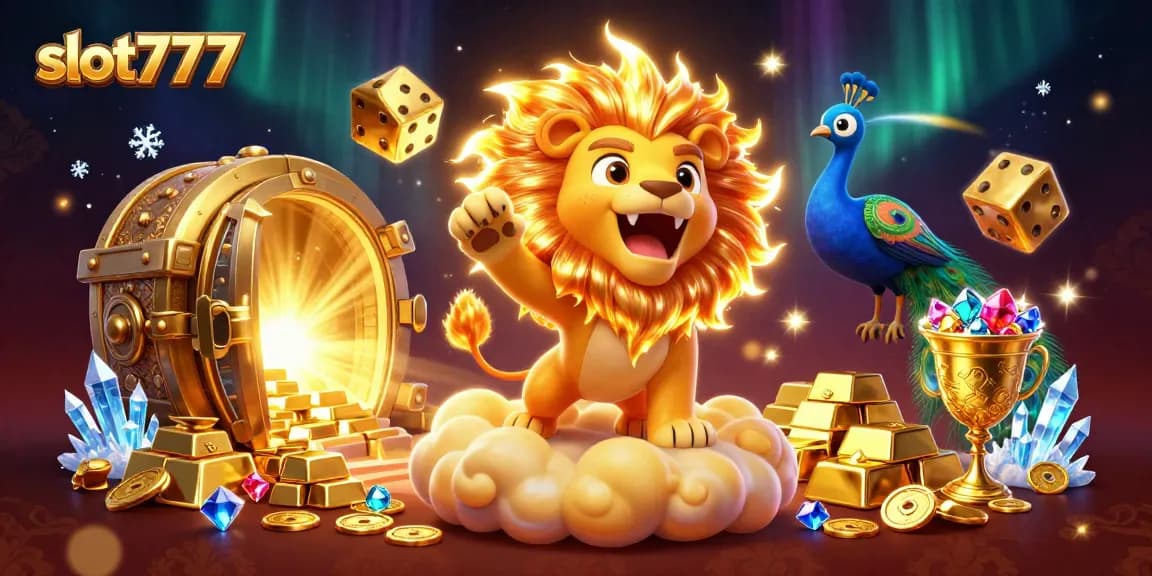 Spin and win with slot777 at a vibrant casino with roaring lion and shining treasures.