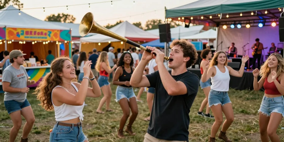 Friends celebrating with bayou-blasters handheld horns at a lively festival.