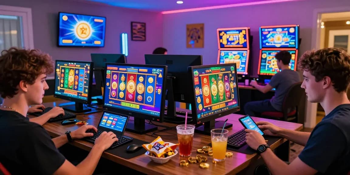 Players engaged in slot deposit 5000 games on devices in a lively, colorful setting.