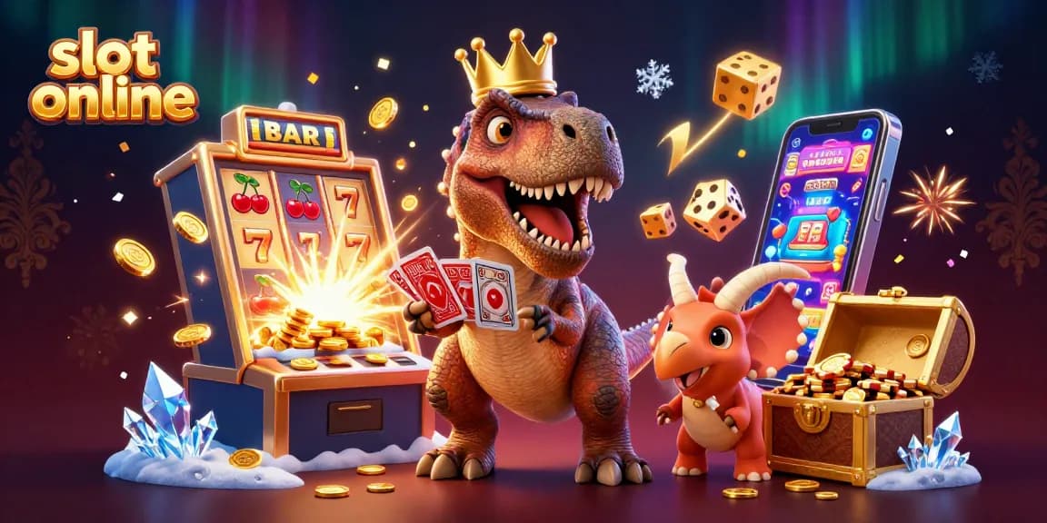 Permainan slot online mengasyikkan dengan T-Rex dan teman-teman yang menumpuk chip emas dan memenangkan jackpot.