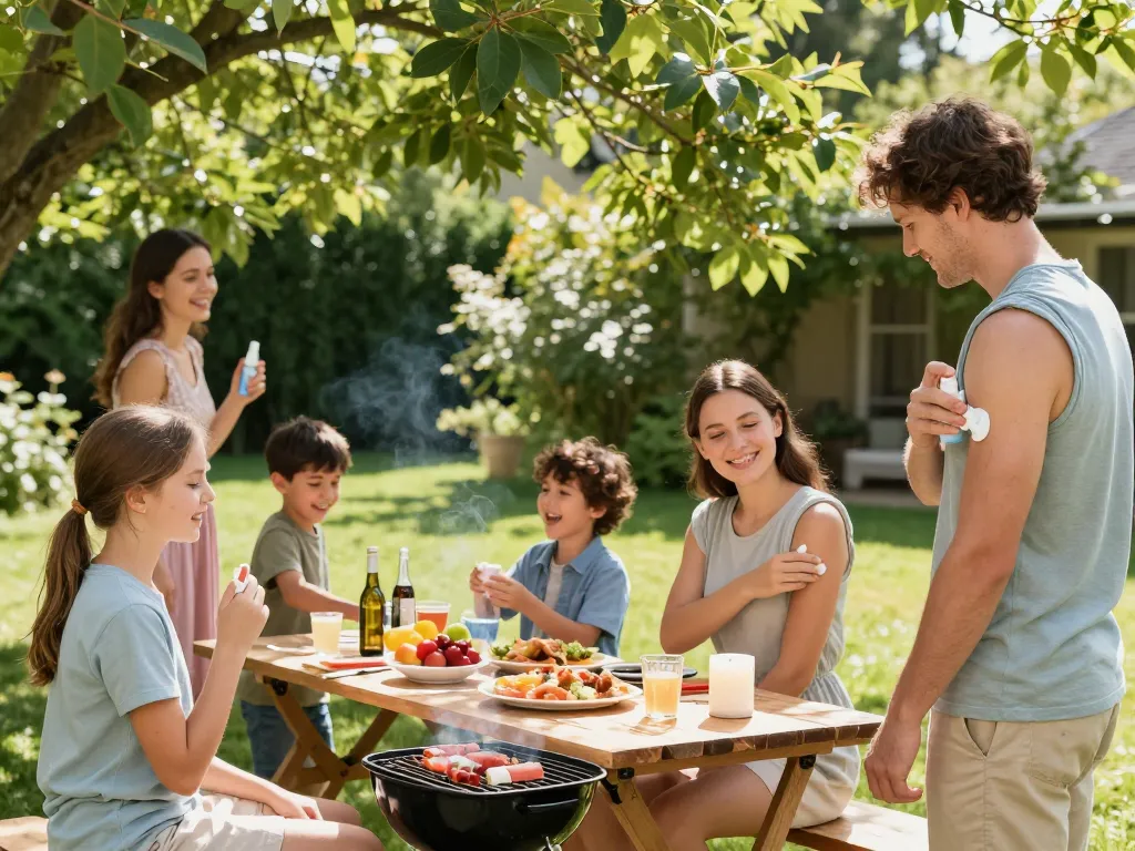 Family enjoying outdoor barbecue while applying mosquito repellent for comfort and protection in summer.