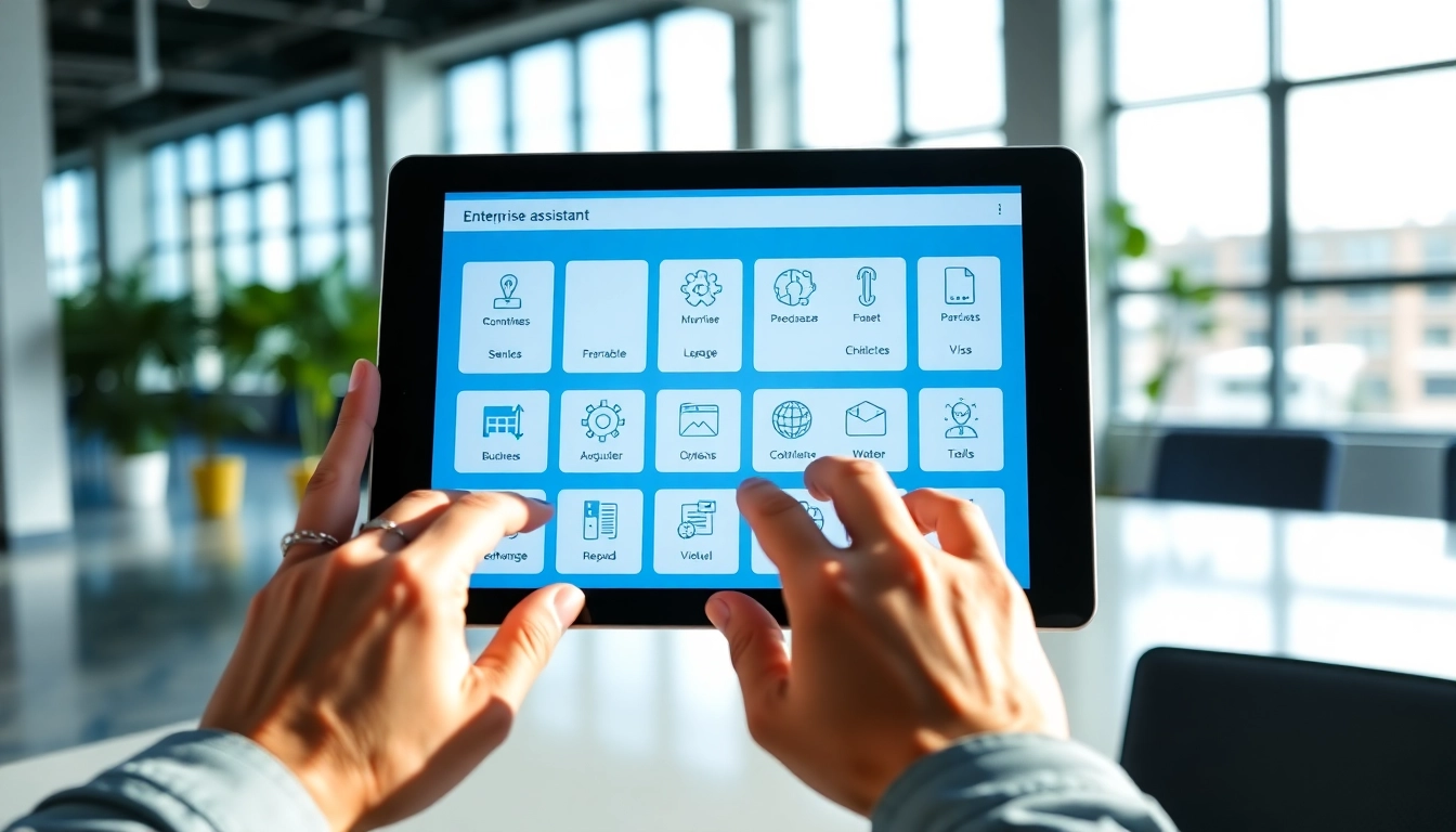 Engaging with enterprise assistant SaaS tools on a tablet in a modern office setting.