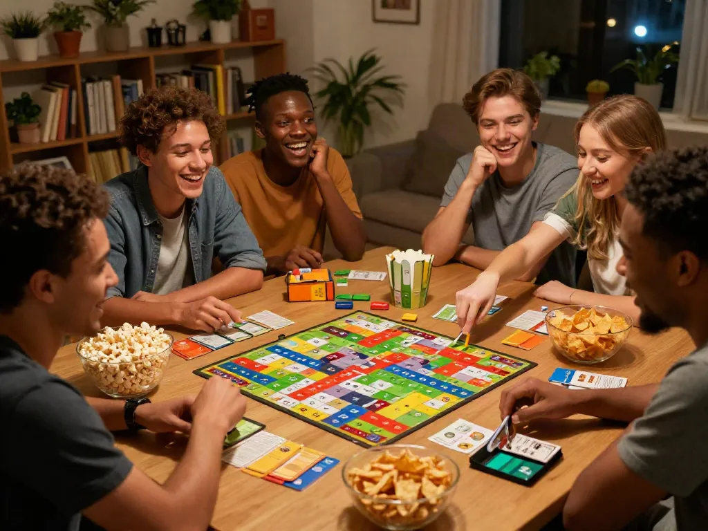 Sildenafil enhances social engagement through fun board games like Qwirkle and Sling Puck during a lively game night.