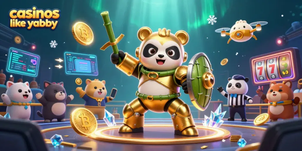 Experience excitement at casinos like yabby with a vibrant mech-suit panda and crypto visuals!