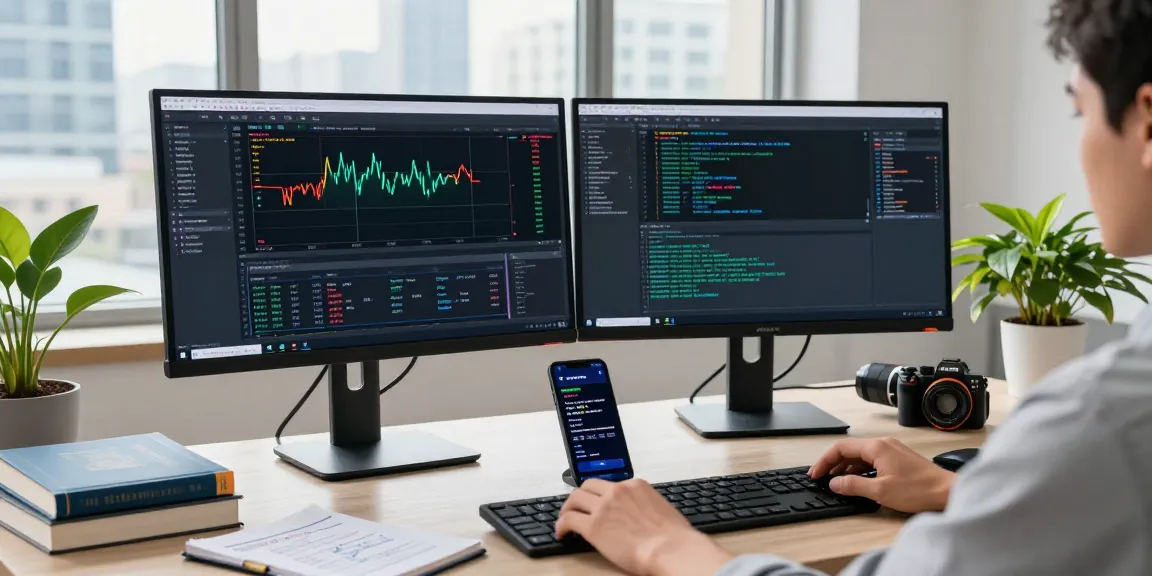 MetaTrader 5 trading setup with developer, monitors, and charts in a modern workspace.