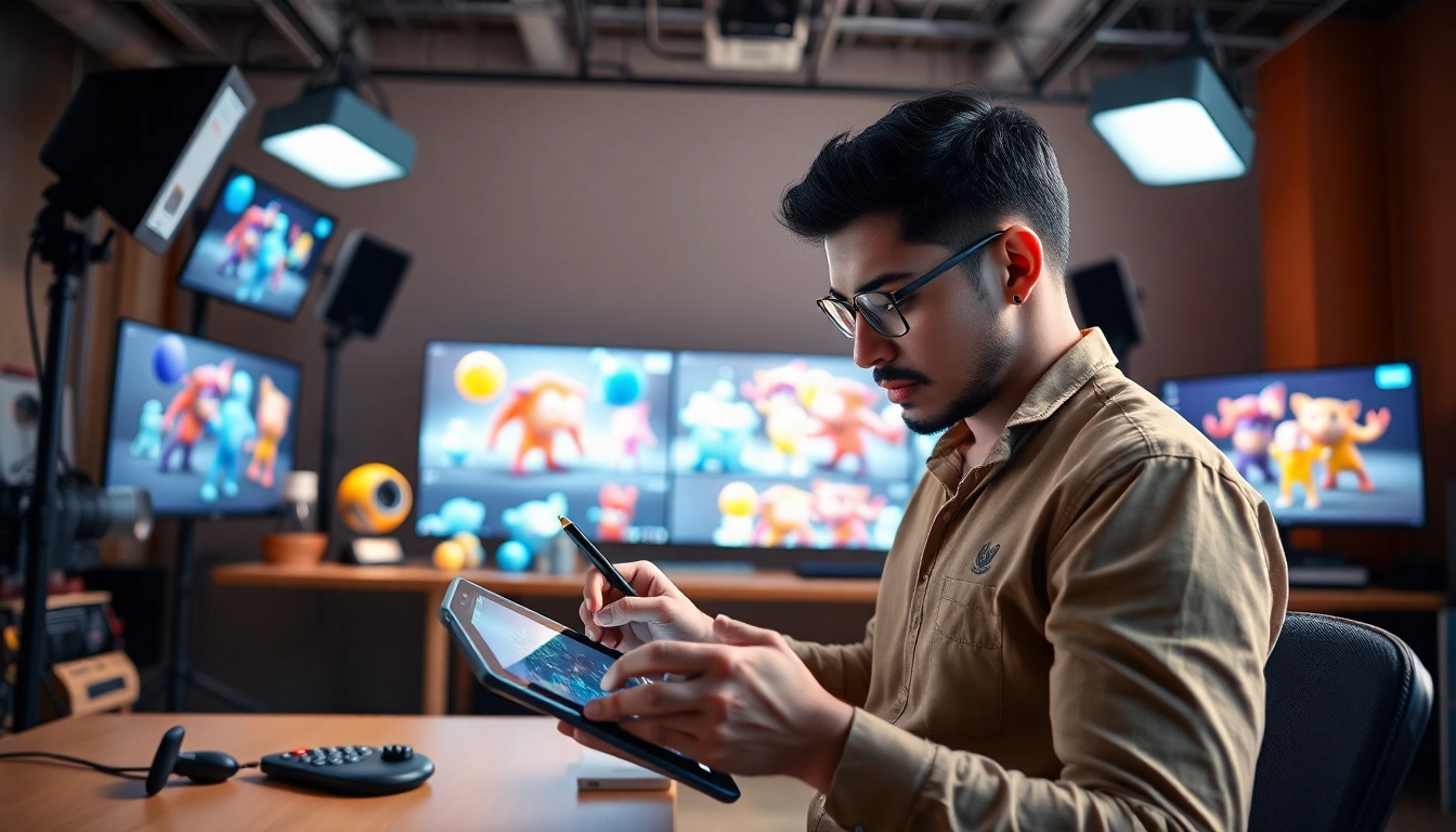 3D Animation concept showcasing a professional artist creating vibrant characters in a modern studio.