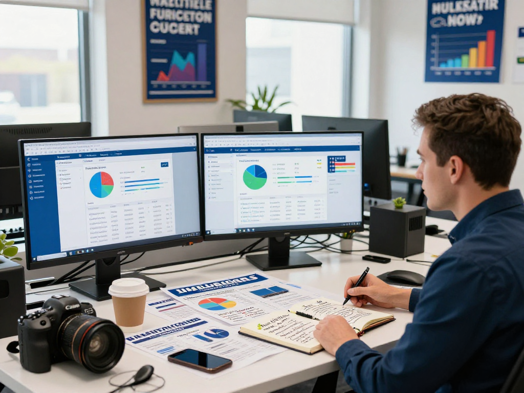 Strategic campaign email fundraising setup in a modern office with voter data reports and analytics.