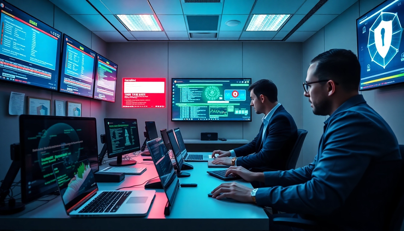 Showcasing managed cybersecurity services with professionals monitoring threats in a high-tech office.