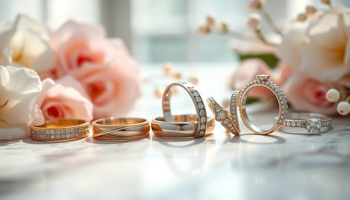 Showcase of elegant wedding bands highlighting different styles in a soft, natural setting.