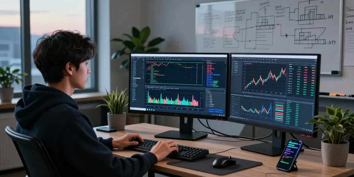 Developer utilizing index WebSocket streaming API at a high-tech trading workstation with real-time data.