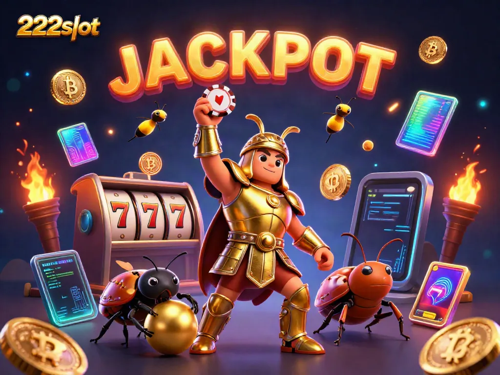 Permainan slot yang meriah dengan 222slot, karakter beruang hercules mengangkat chip poker sebagai kemenangan.