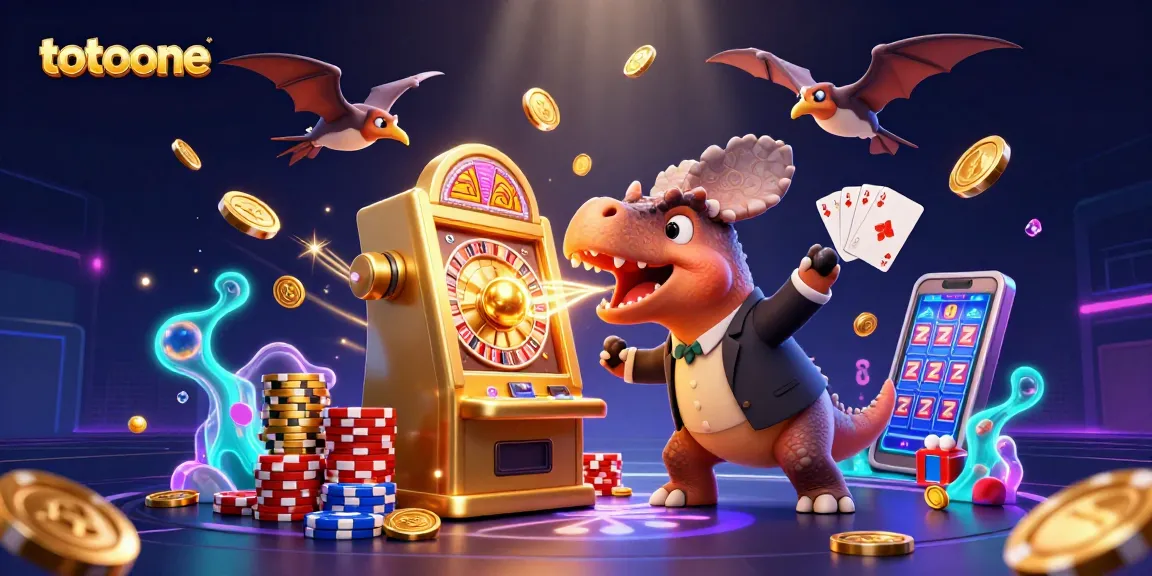 Menangkan jackpot di totoone dengan dinosaurus yang bermain slot berkilauan dan manajer kasino.