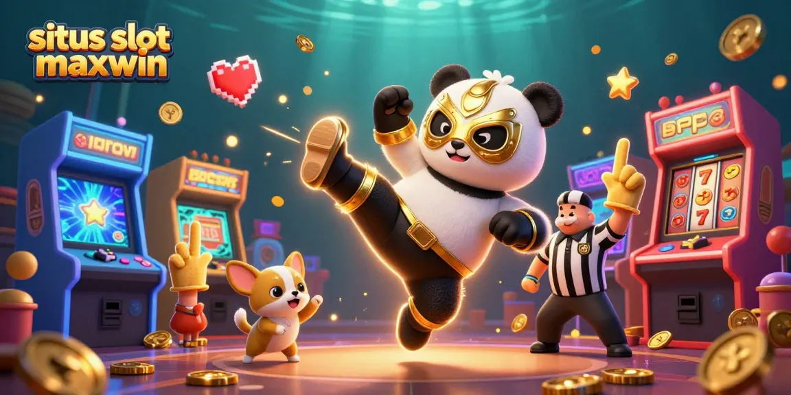Experience the thrill of situs slot gacor maxwin with a 3D-rendered panda wrestler in action surrounded by vibrant gaming elements.