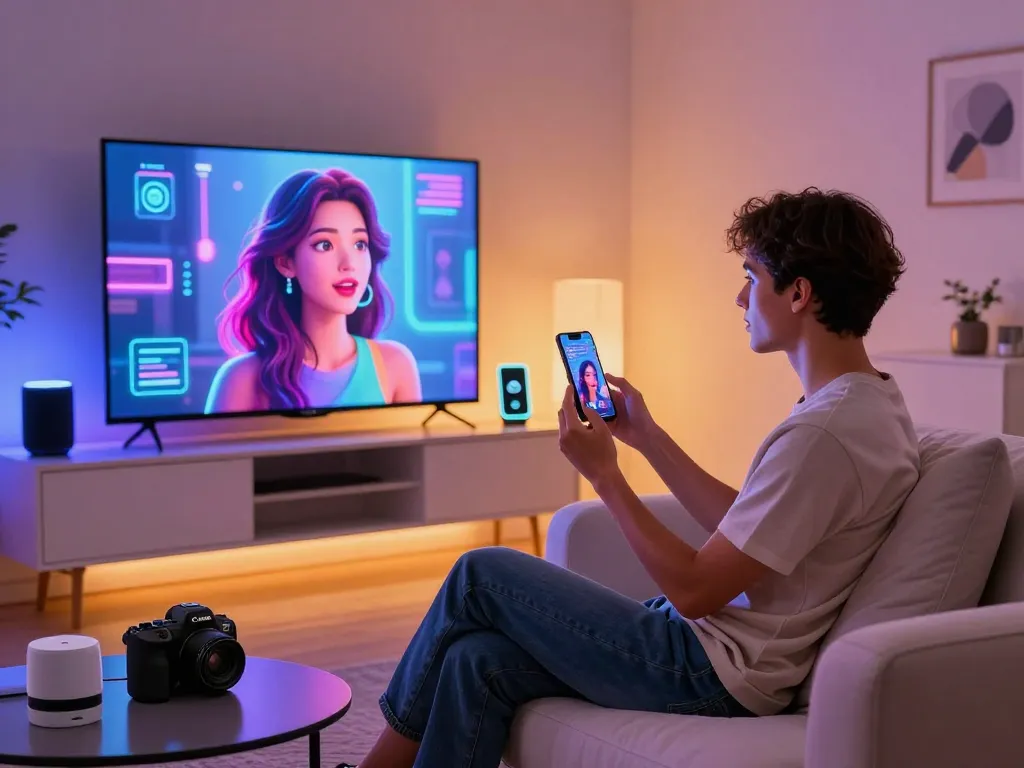Engaging AI girlfriend interaction in a modern living room setting.
