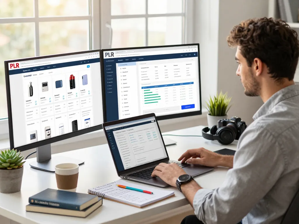 Engaging workspace scene showcasing how to Purchase PLR Content effectively, featuring marketing strategies and analytics.