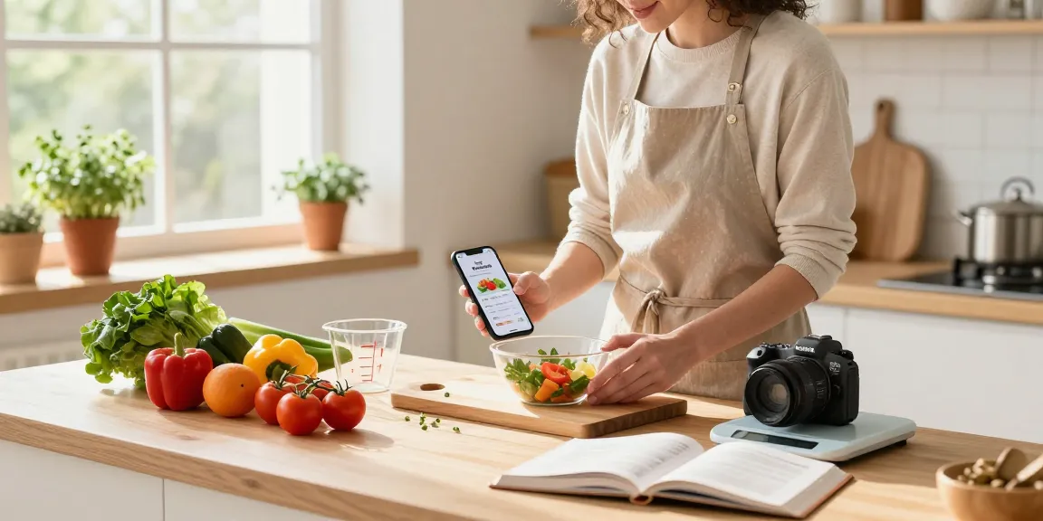 Home cook measuring ingredients in a bright kitchen, using the best nutrition tracking app on a smartphone to prepare a healthy meal.