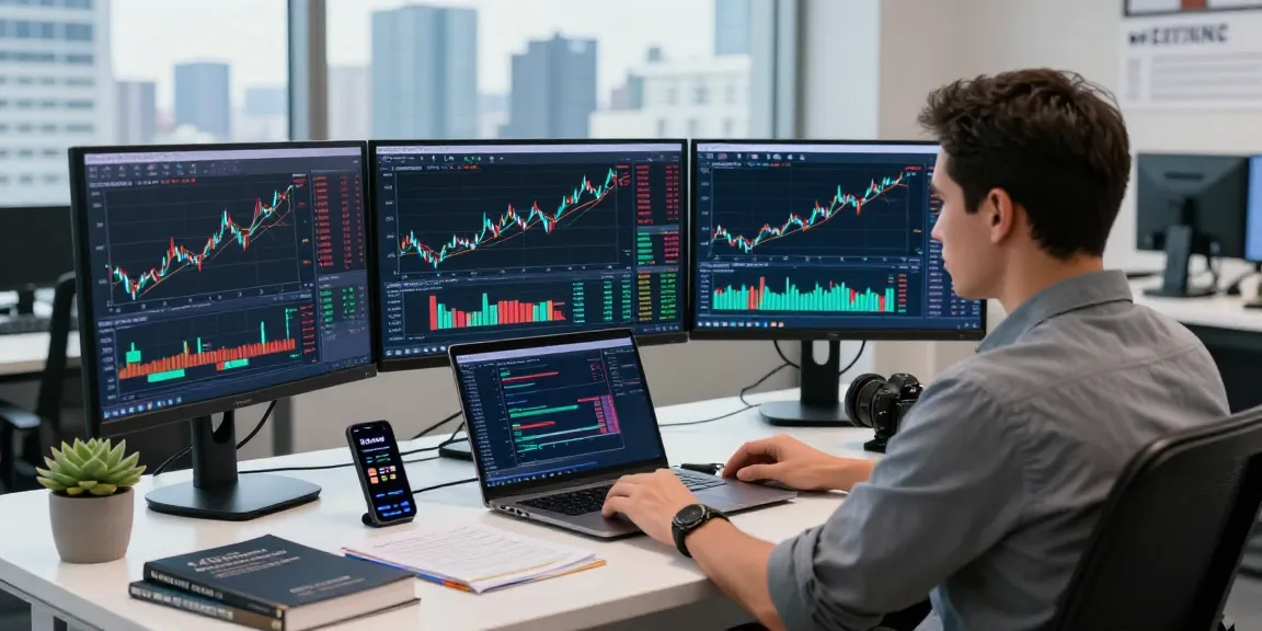 Dynamic trader analyzing MetaTrader 5 on multiple screens in a modern office.