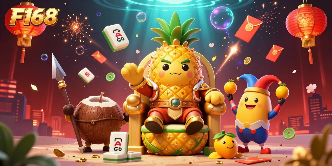 Play exciting games and win rewards at F168 with a vibrant casino scene featuring our golden pineapple king!