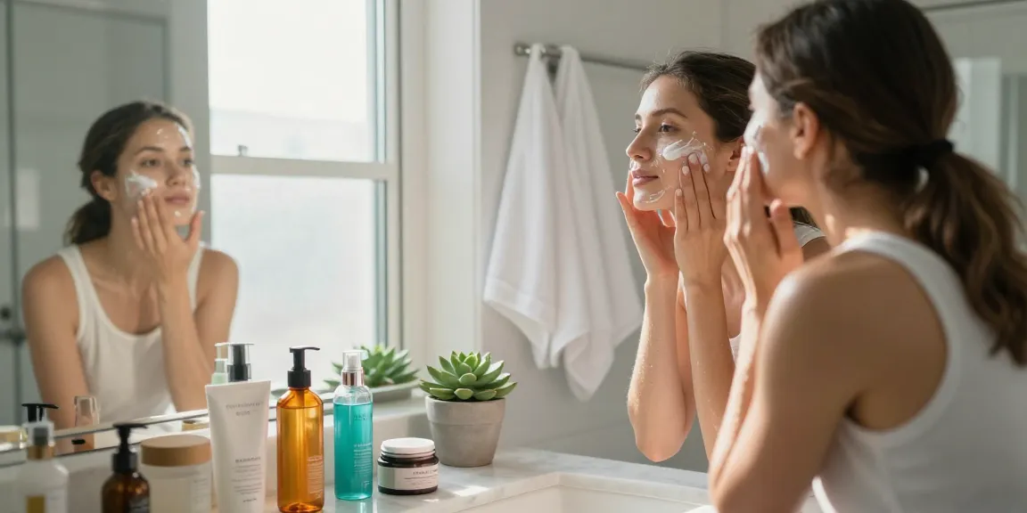 Aplică crema hidratantă pentru față într-o baie modernă și luminoasă, cu produse pentru îngrijirea pielii.