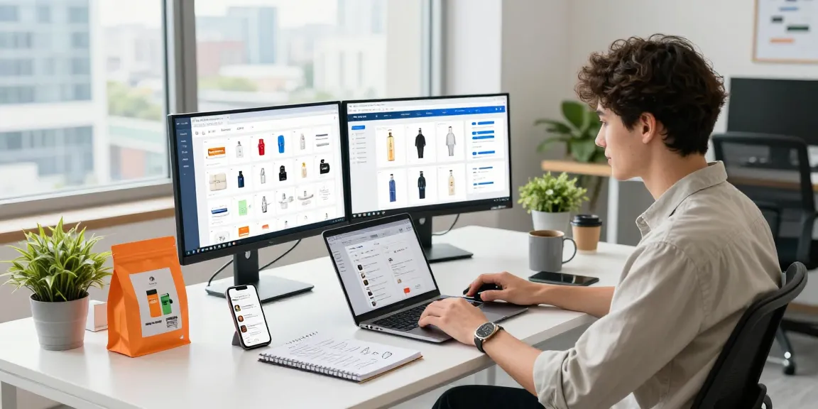 Dynamic e-commerce workspace showcasing lenball168.com products and analytics in a modern office setting.