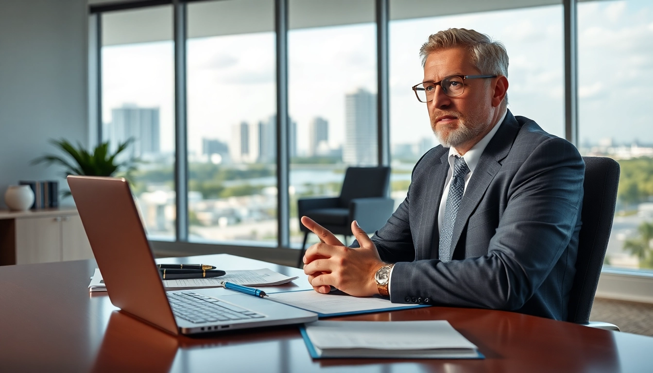 Truck accident attorney Clearwater discussing legal matters in a modern office.