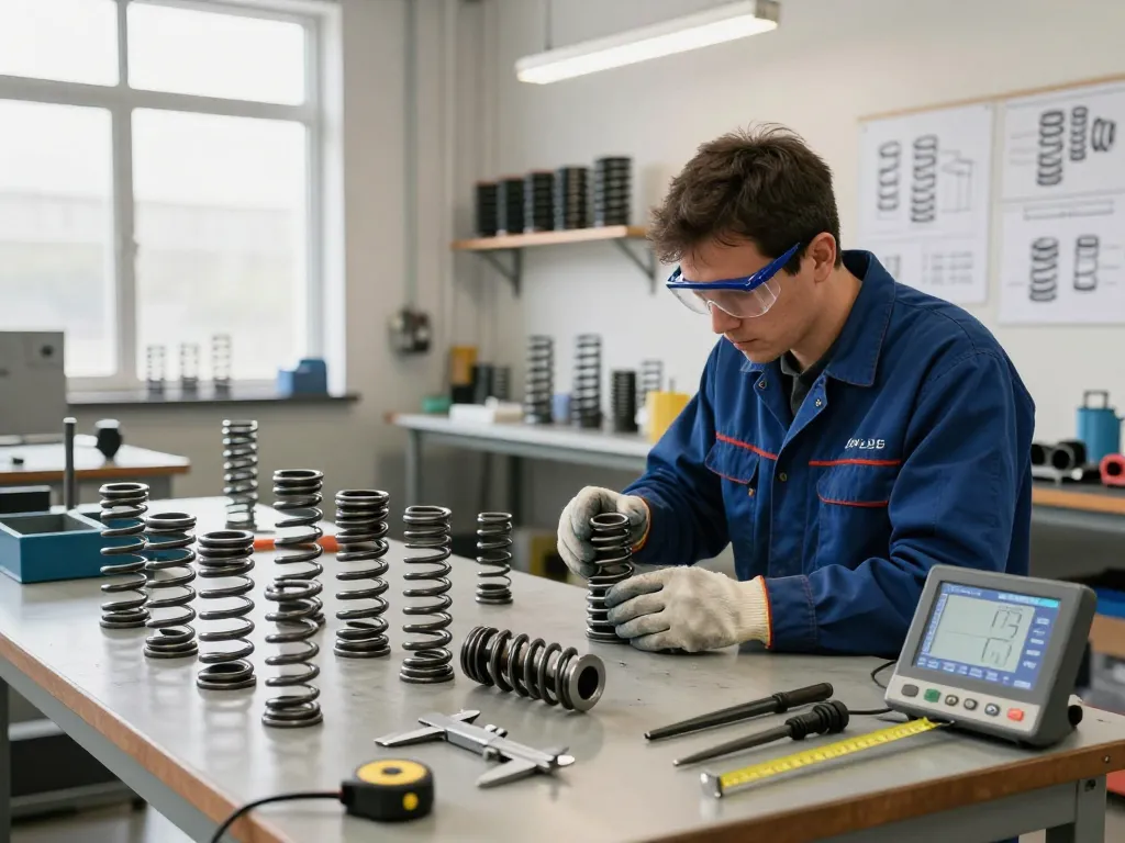 Tehnician inspectând diverse arcuri compresie într-un atelier industrial luminos.