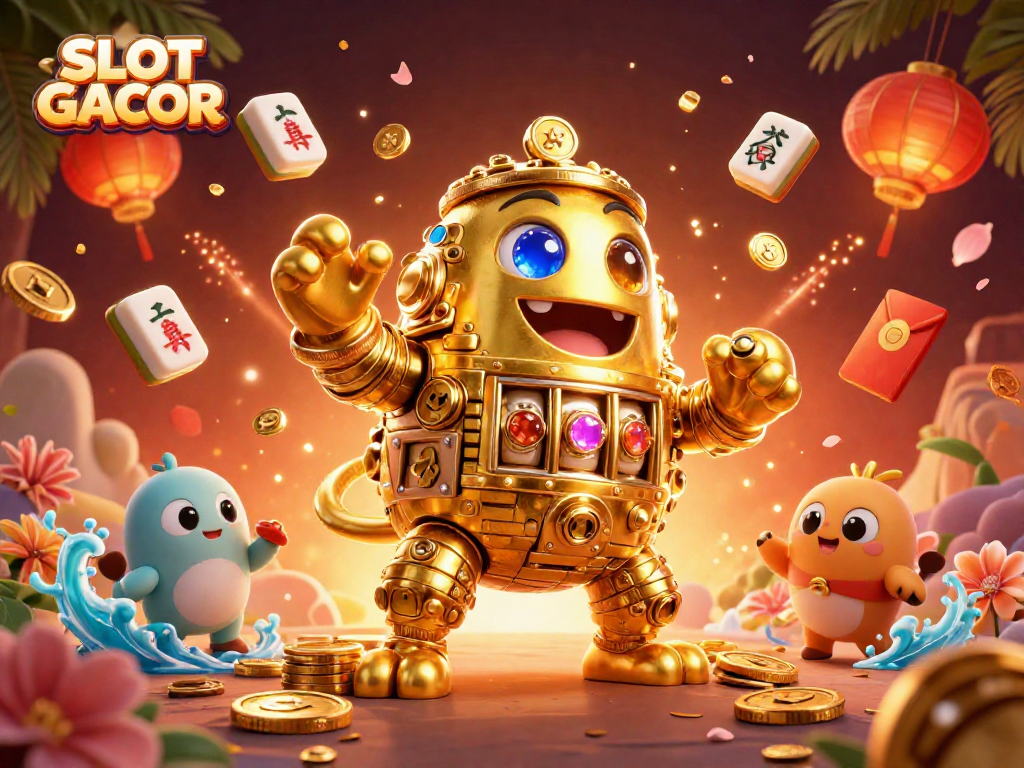 SLOT GACOR showcases an ultra-detailed 3D cartoon scene with a golden golem and festive elements.