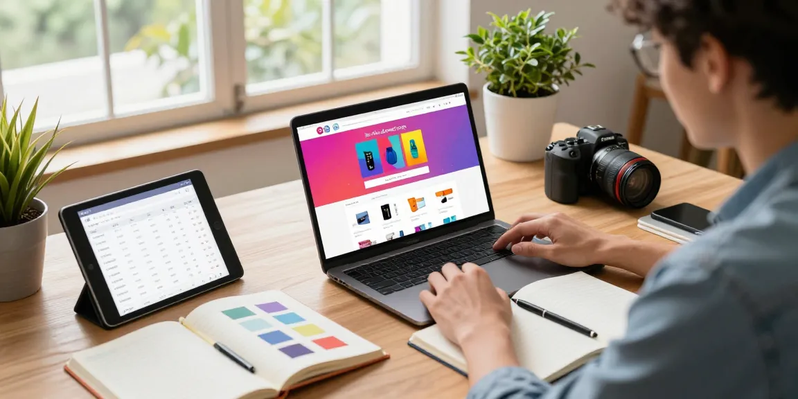Dynamic e-commerce workspace showing product analysis from https://shs-dome5.com/ with laptop and vibrant visuals.