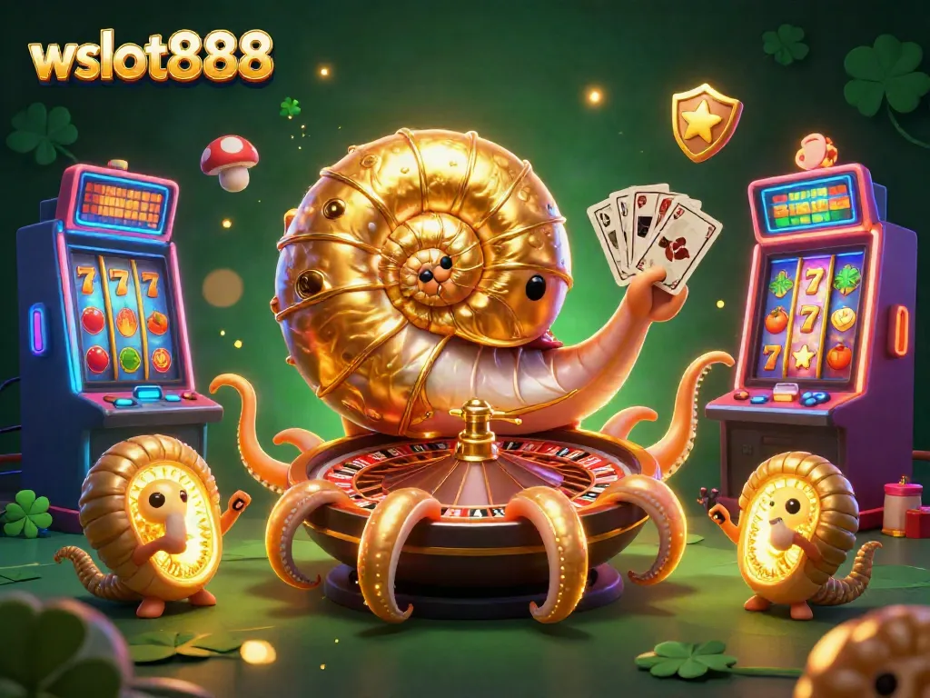 Ilustrasi kasino 3D menarik dengan wslot888 yang menampilkan nautilus emas dan mesin slot.