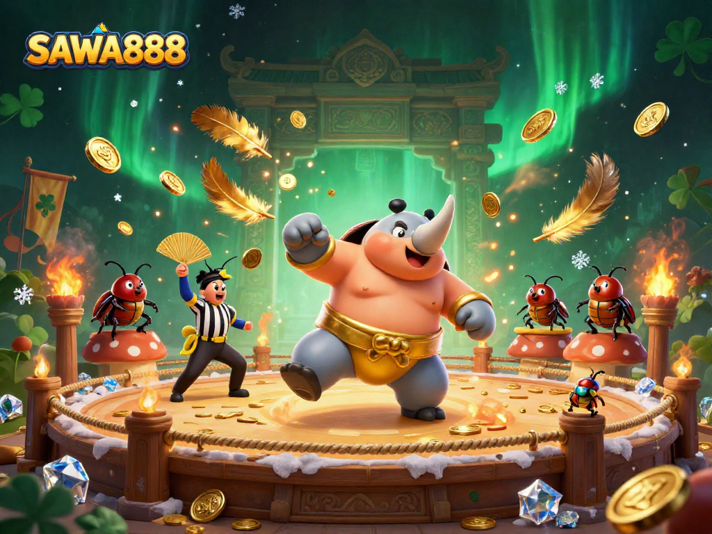 Experience SAWA888 as our beetle champion stomps for golden coins in a vibrant 3D casino scene.