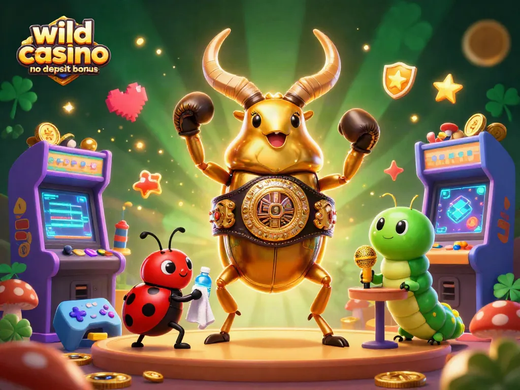 Experience the excitement of the wild casino no deposit bonus with a dynamic 3D illustration of playful characters.