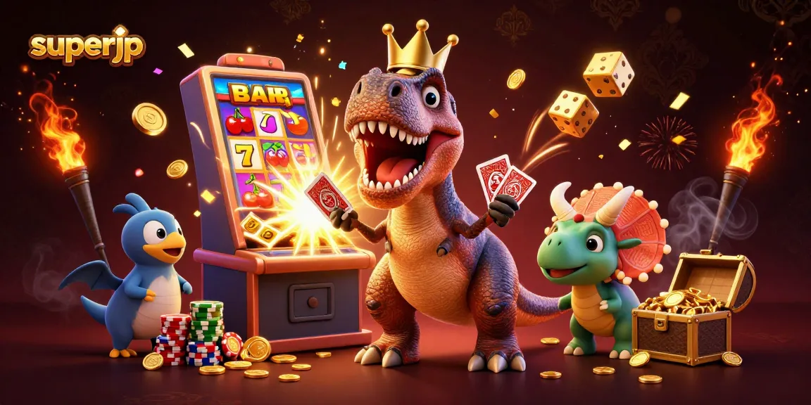 Engage with superjp's thrilling cartoon casino scene featuring a T-Rex and vibrant gaming elements.