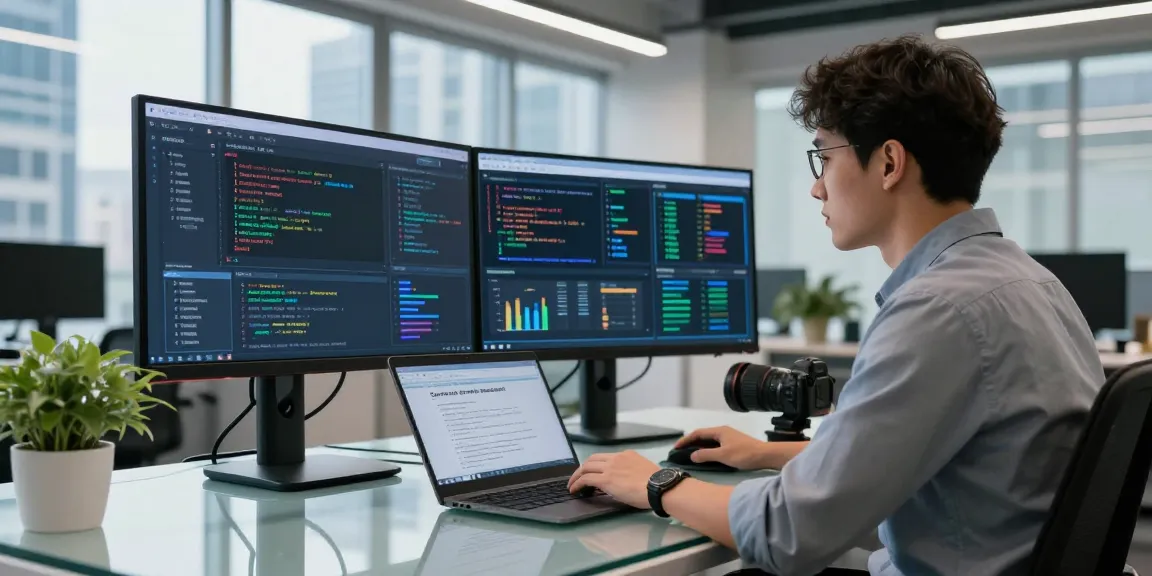 Cybersecurity expert at work analyzing security protocols for https://shs-dome5.com/ on dual monitors in a modern office.