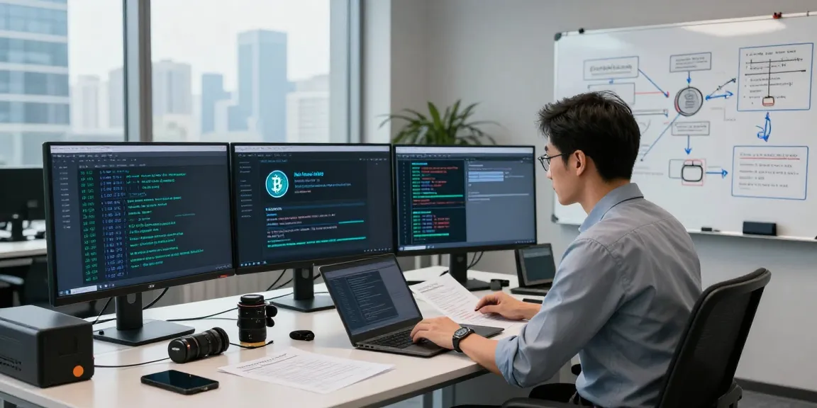 Expert analyzing how to recover stolen cryptocurrency in a professional office setting with multiple screens and forensic tools.