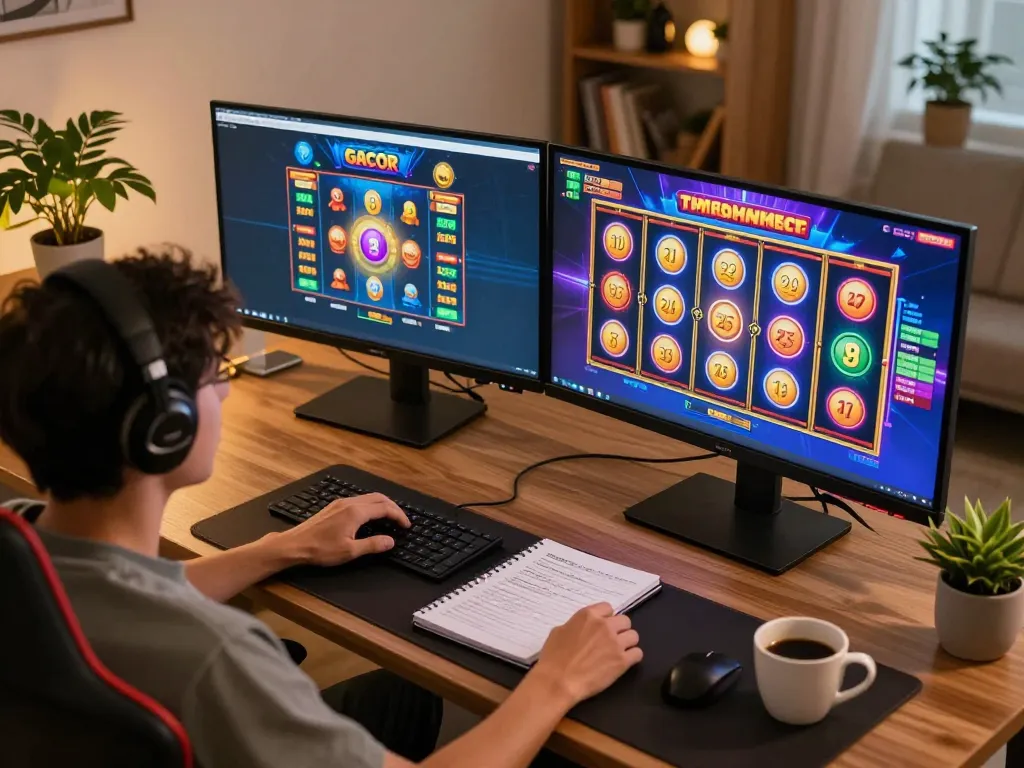 Engaging player enjoying slot gacor games on dual screens, showcasing thrilling online experience.