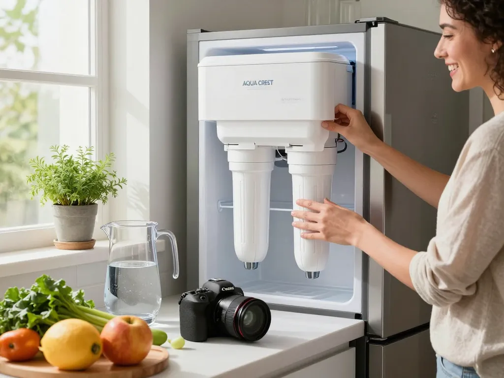 AQUA CREST AQF-FF13 Replacement for GE® SmartWater® MWF® water filter change in bright kitchen.