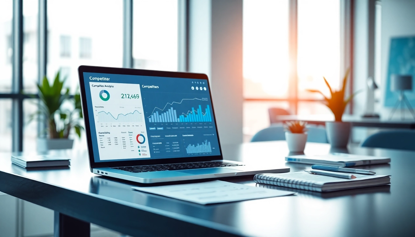 Using AI for competitor analysis in a modern office environment with data visualizations.
