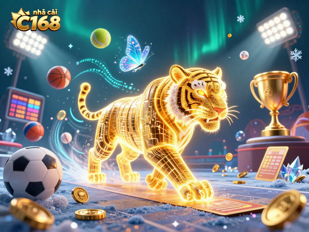 Experience the thrilling world of nhà cái C168 with a dynamic 3D casino scene showcasing vibrant gaming elements.