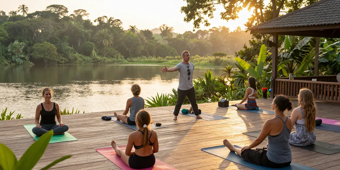 Participating in a YACEP yoga course Sri Lanka near tranquil Koggala Lake.