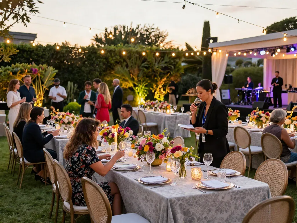Event furniture rental setup featuring stylish tables and elegant chairs in a luxurious outdoor venue