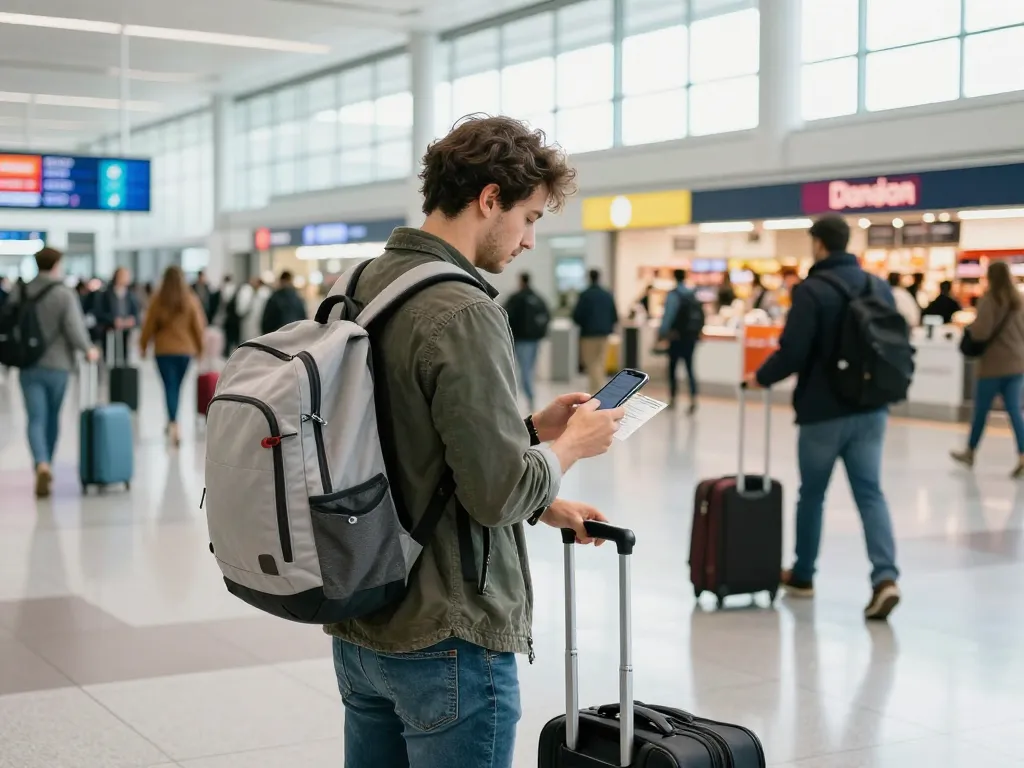 Leeds Bradford Airport from Halifax, traveler checking boarding pass in busy airport terminal.