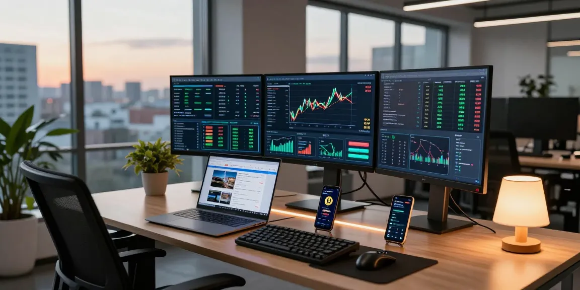 Bitcoin mining investment workspace with blockchain data visualization and digital wallet setups.