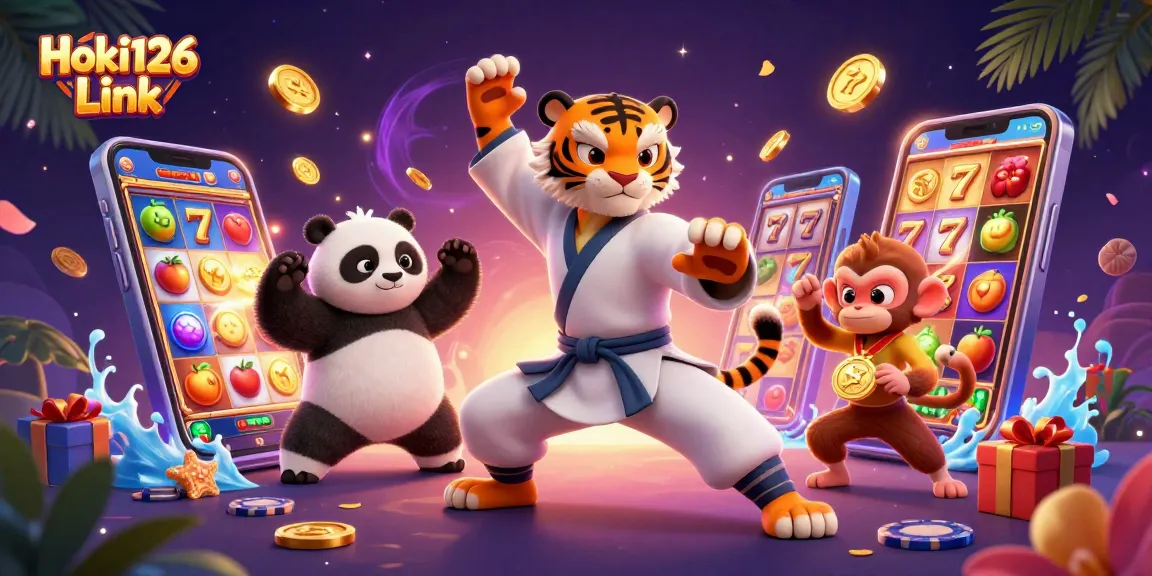 Engage with Hoki126 Link as a kung fu tiger, panda, and monkey highlight slot gaming excitement.