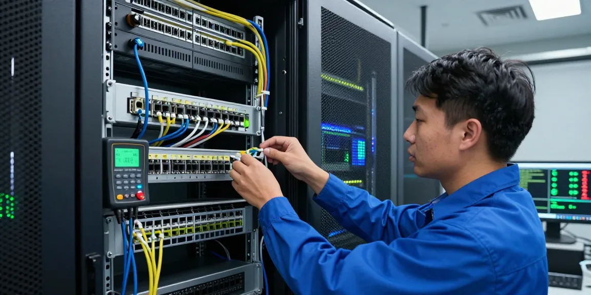 C19/C20 power connectors being inspected in a modern data center by a technician, showcasing high-current solutions.